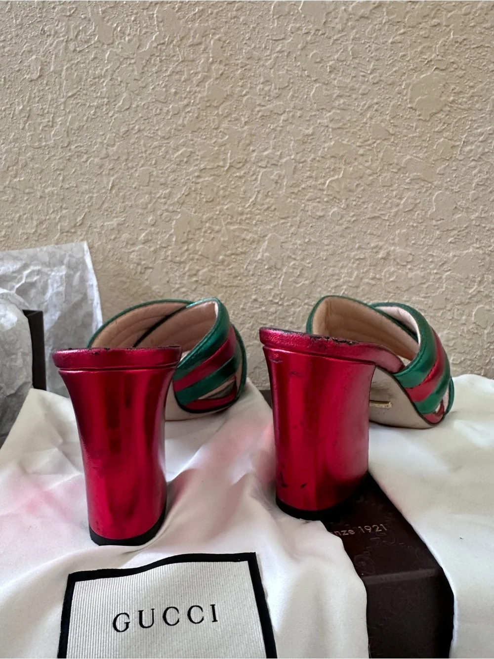 Gucci Metallic Teal and Fuchsia Crisscross Slide Mules - Picture 15 of 16
